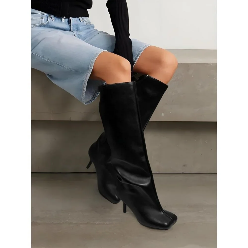 Women's Black Pu Wide Calf Square Toe Stiletto Heels Knee High Suede Boots